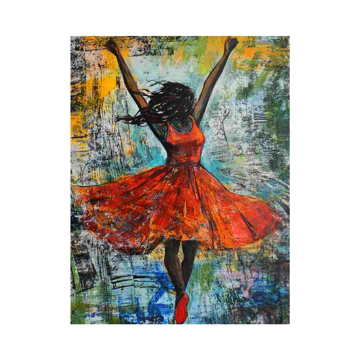 Expressive woman in red dress abstract painting for modern living room and luxury interior wall decor.