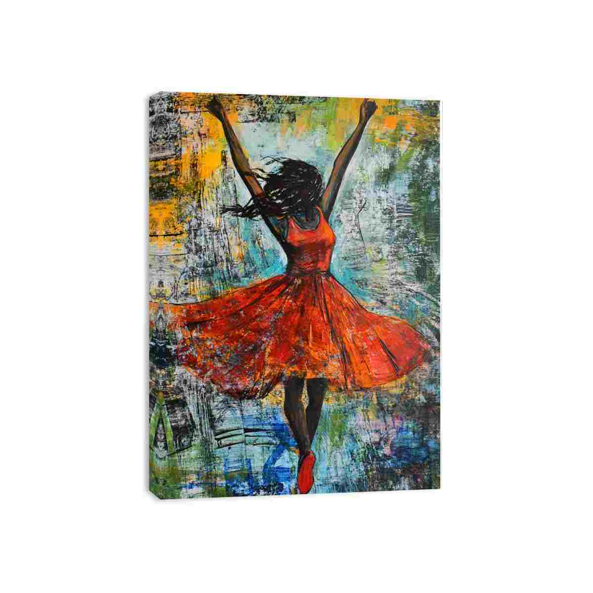 Expressive woman in red dress abstract painting for modern living room and luxury interior wall decor.