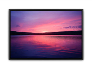 Panoramic pink sunset lake landscape canvas art for modern living room and peaceful luxury interior decor.