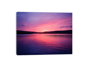 Panoramic pink sunset lake landscape canvas art for modern living room and peaceful luxury interior decor.