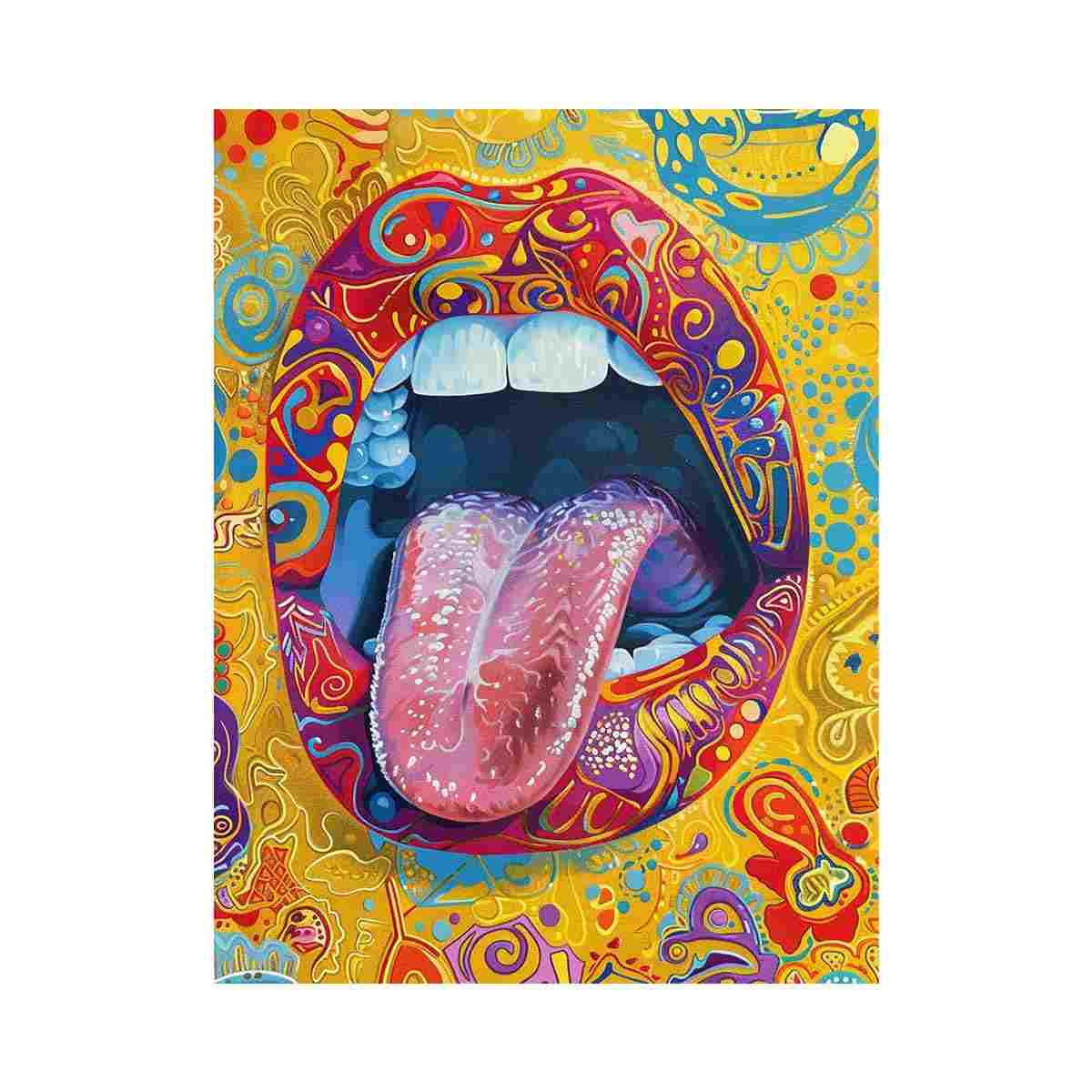 Colorful psychedelic pop art lips and tongue canvas artwork for modern living room and creative interior decor.