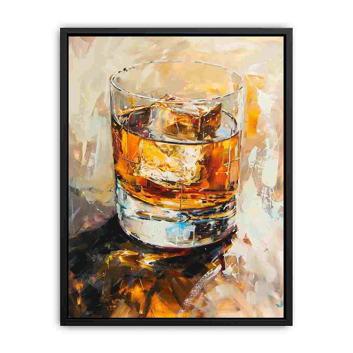 Abstract whiskey glass canvas art for luxury home bar or dining room decor.