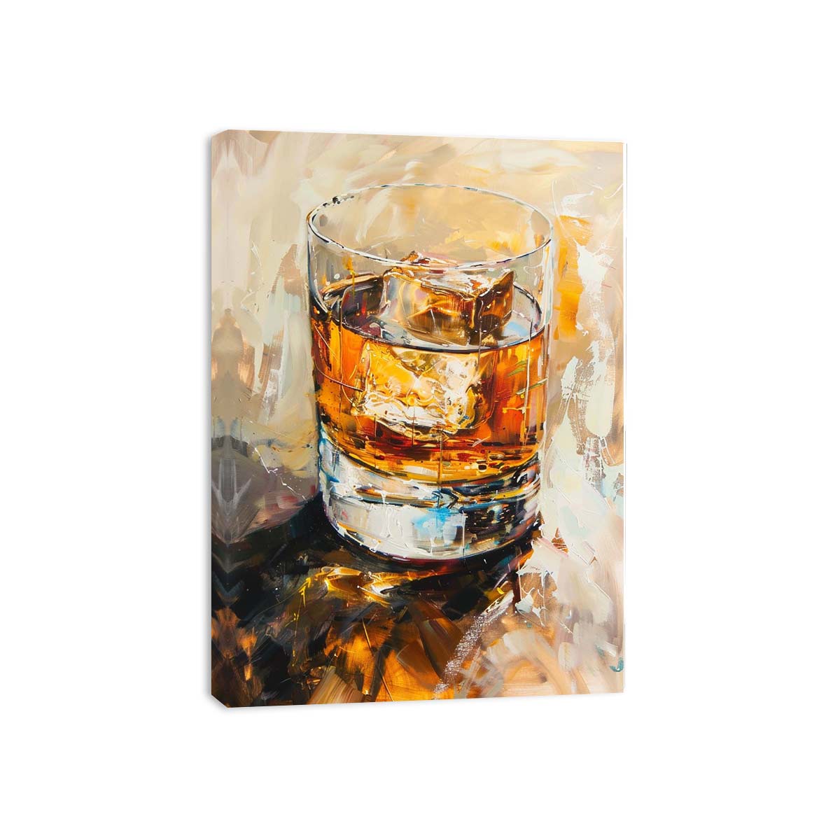 Abstract whiskey glass canvas art for luxury home bar or dining room decor.