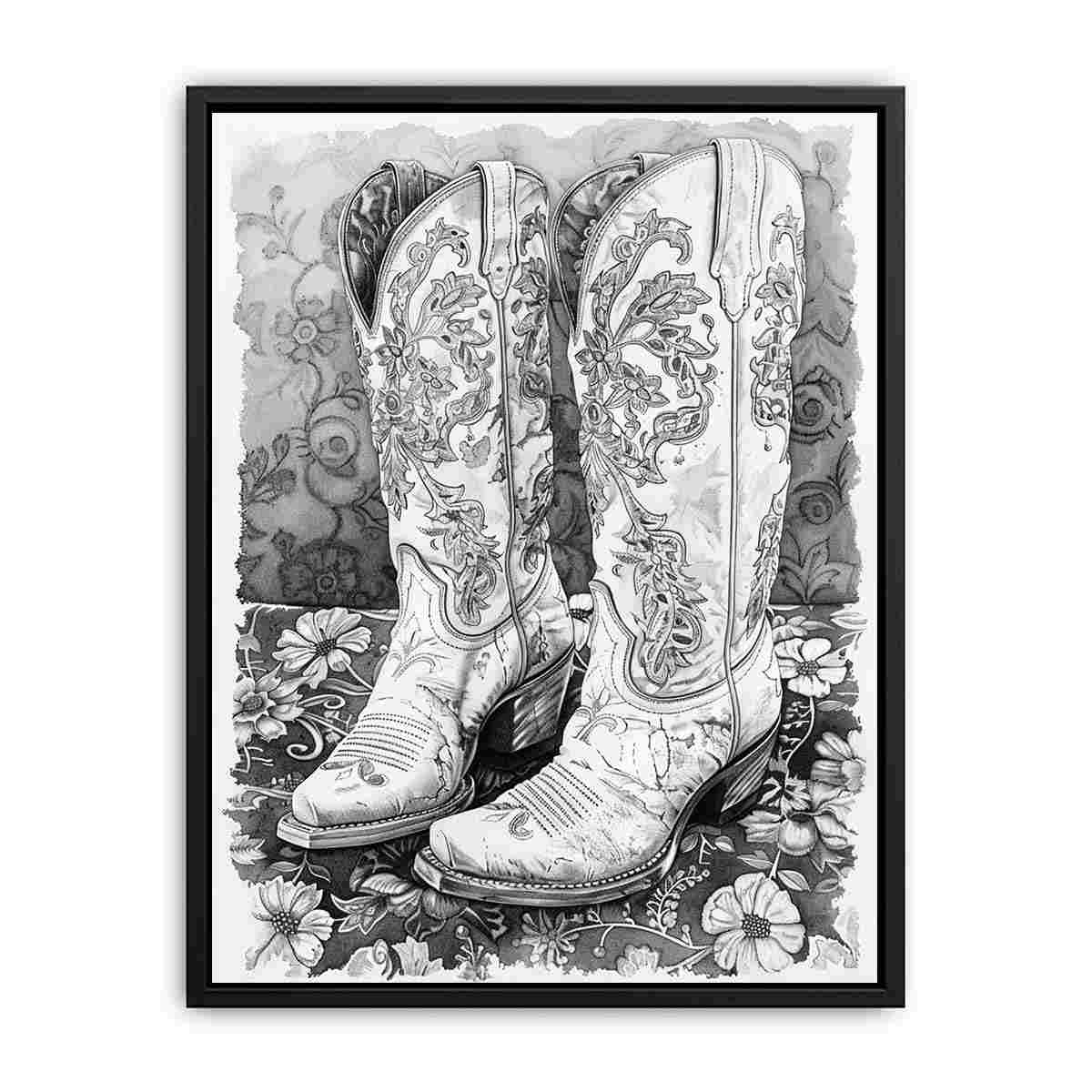 Black and white cowboy boots illustration for western bedroom or hallway decor.