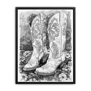 Black and white cowboy boots illustration for western bedroom or hallway decor.