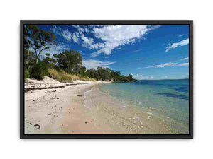 Turquoise beach canvas art for serene coastal bedroom or bathroom decor.