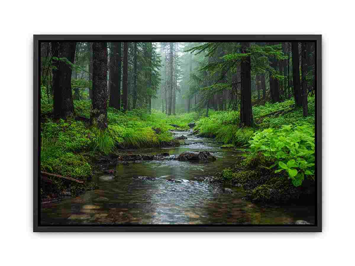 Green forest stream canvas art for calm biophilic living room or office decor.