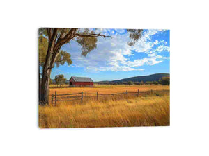 Red barn country landscape canvas art for rustic farmhouse living room decor.