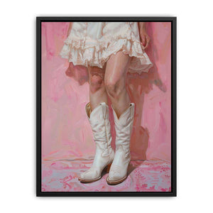Pink cowgirl boots canvas art for feminine bedroom or dressing room decor.