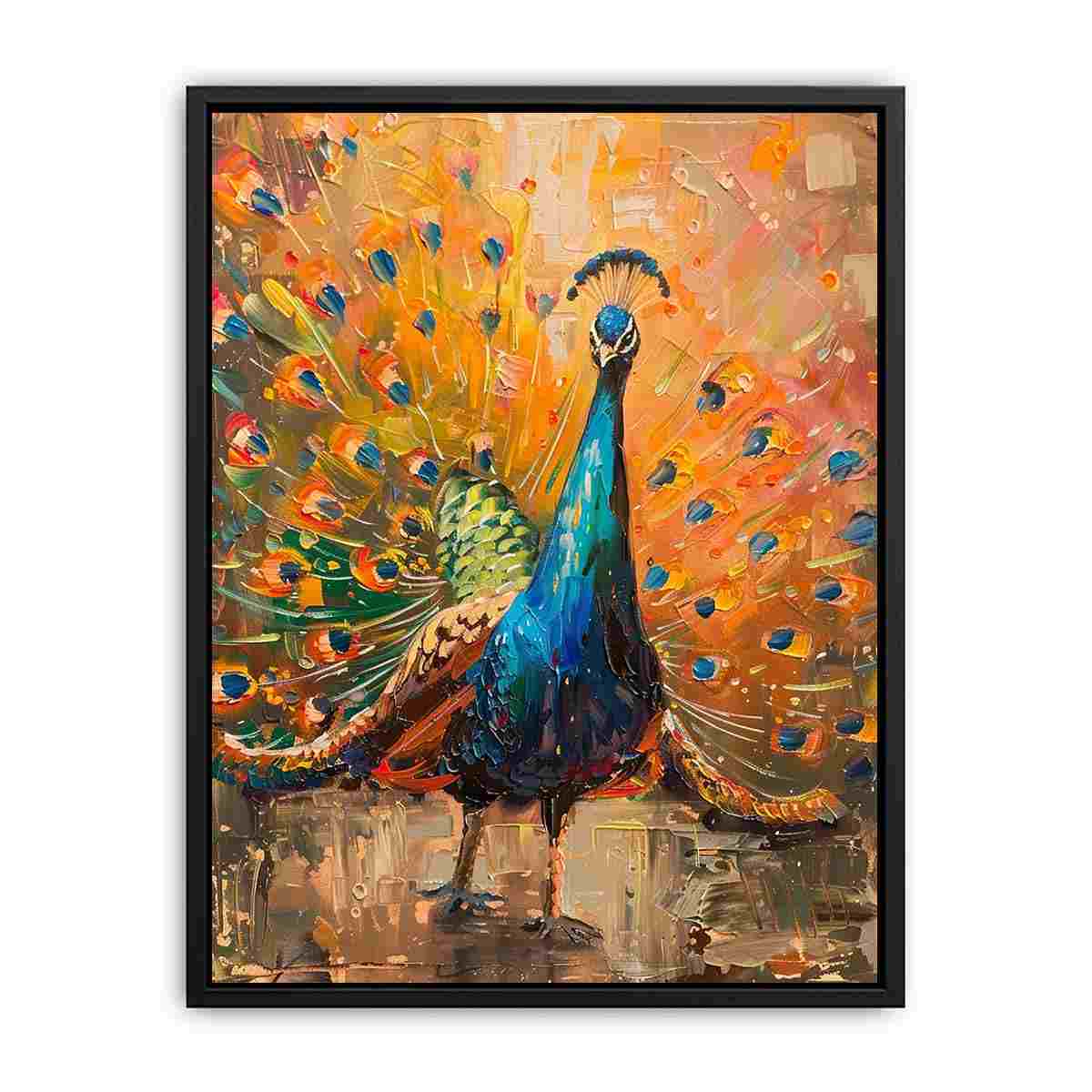 Bold peacock canvas art with teal and gold feathers for luxury living room decor.