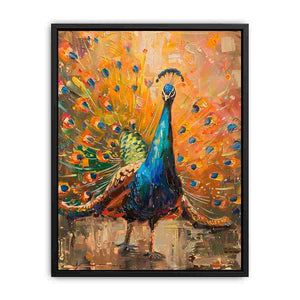 Bold peacock canvas art with teal and gold feathers for luxury living room decor.