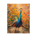 Bold peacock canvas art with teal and gold feathers for luxury living room decor.