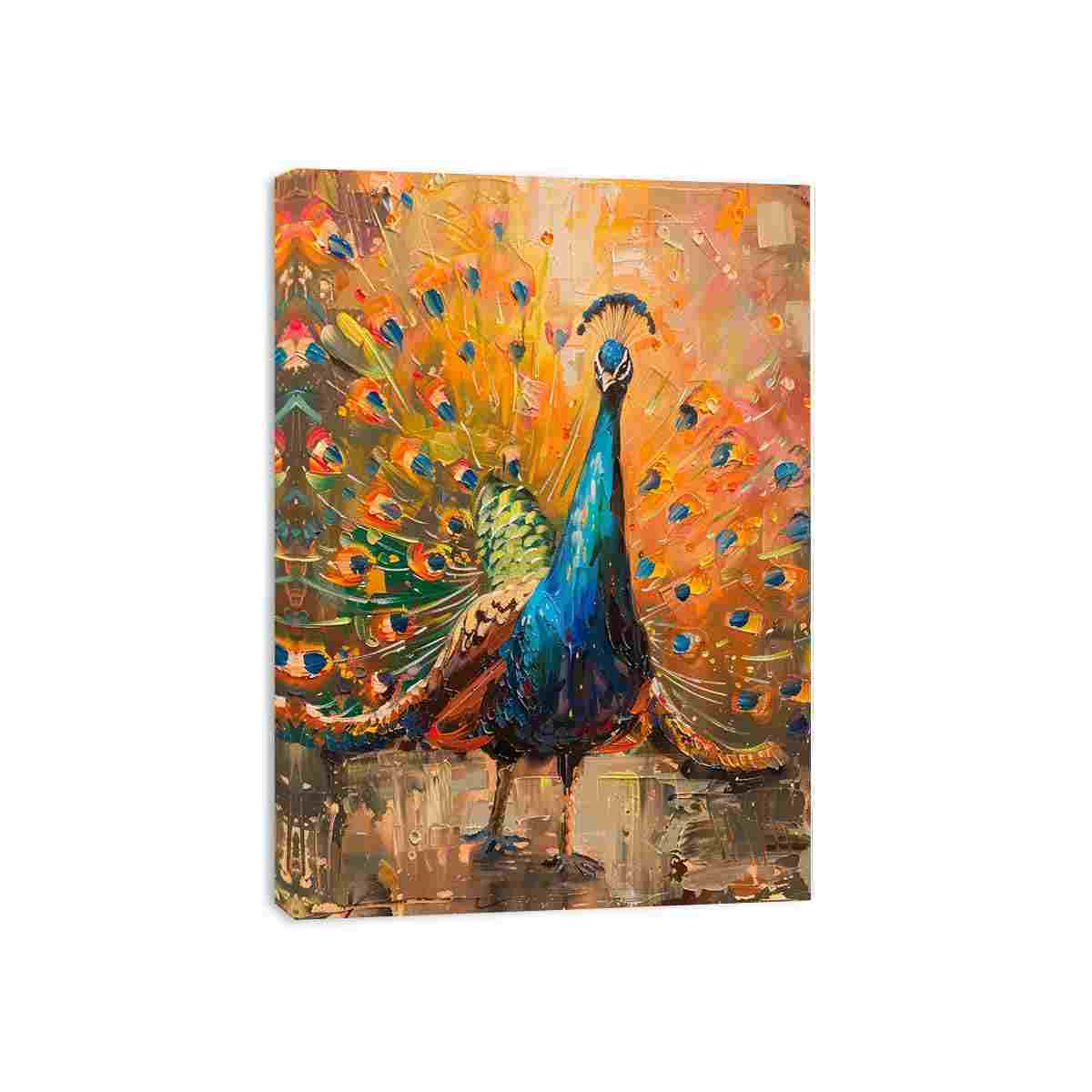 Bold peacock canvas art with teal and gold feathers for luxury living room decor.
