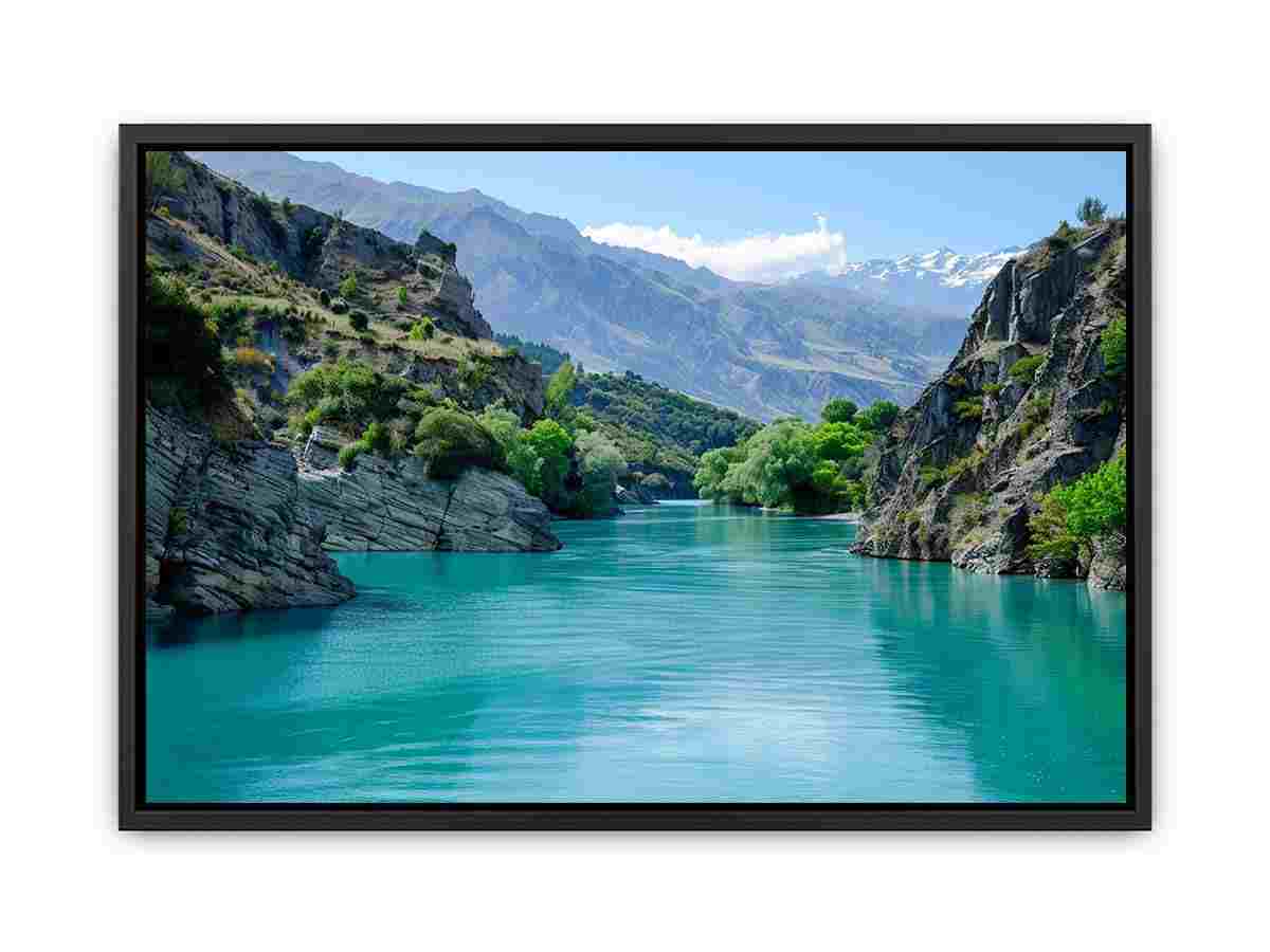 Turquoise mountain river canvas art for refreshing living room or office decor.