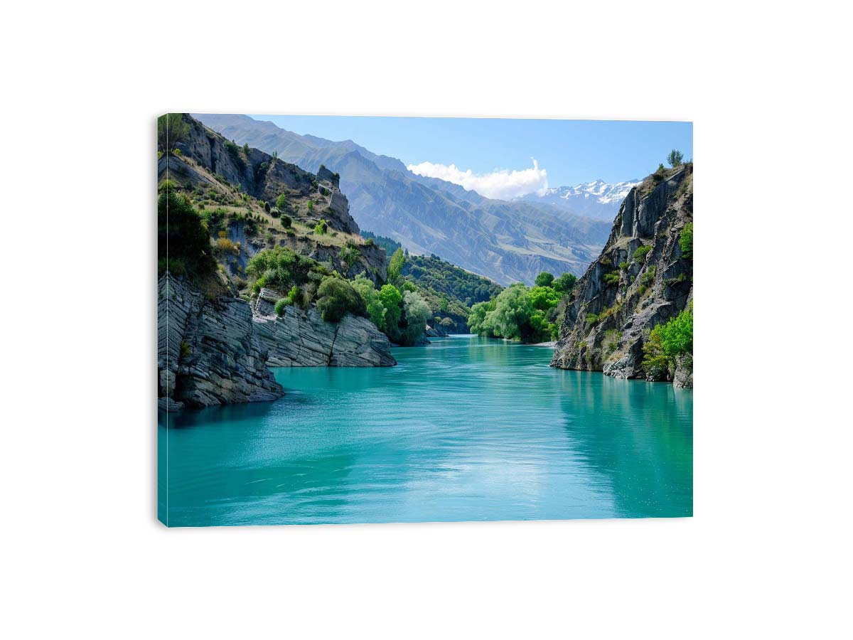 Turquoise mountain river canvas art for refreshing living room or office decor.