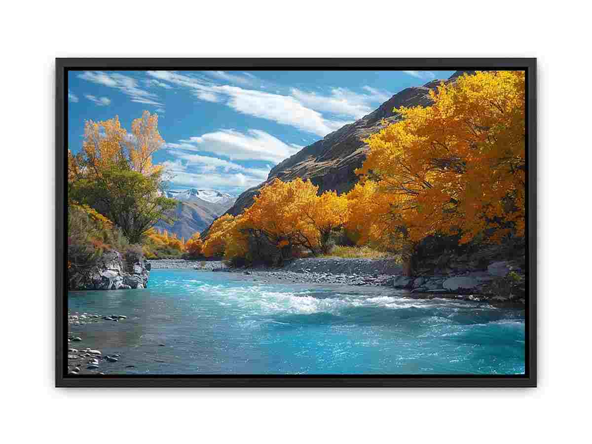 Autumn river mountain landscape canvas art for modern living room decor.