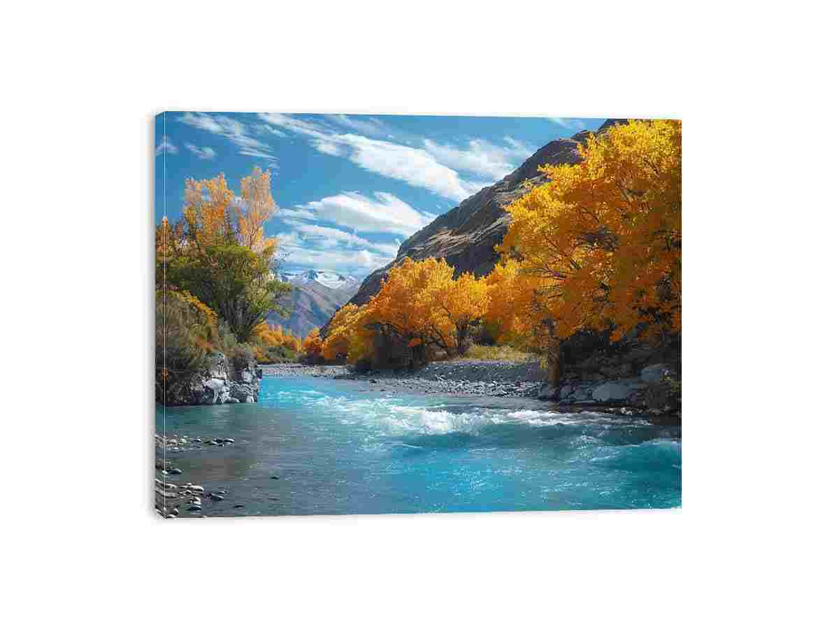 Autumn river mountain landscape canvas art for modern living room decor.