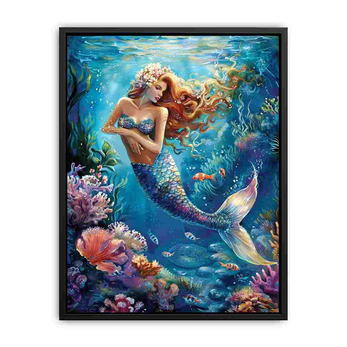 Fantasy mermaid underwater canvas art with coral and fish for bedroom decor.