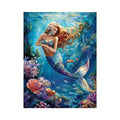 Fantasy mermaid underwater canvas art with coral and fish for bedroom decor.