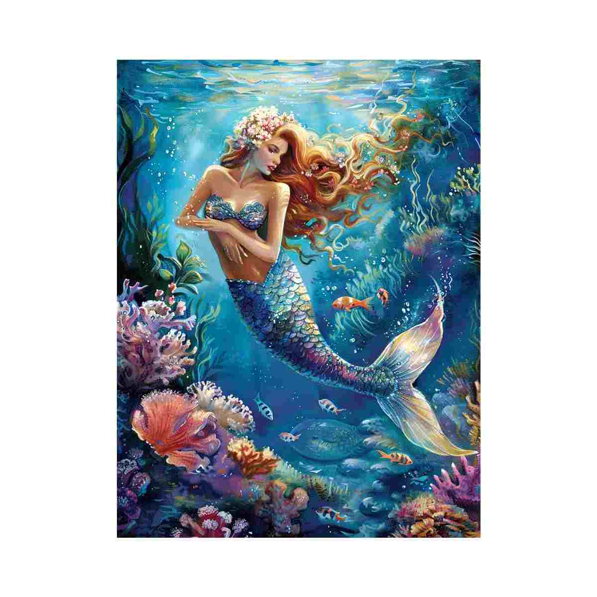 Fantasy mermaid underwater canvas art with coral and fish for bedroom decor.