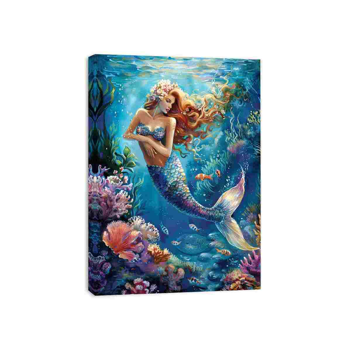 Fantasy mermaid underwater canvas art with coral and fish for bedroom decor.