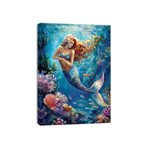Fantasy mermaid underwater canvas art with coral and fish for bedroom decor.