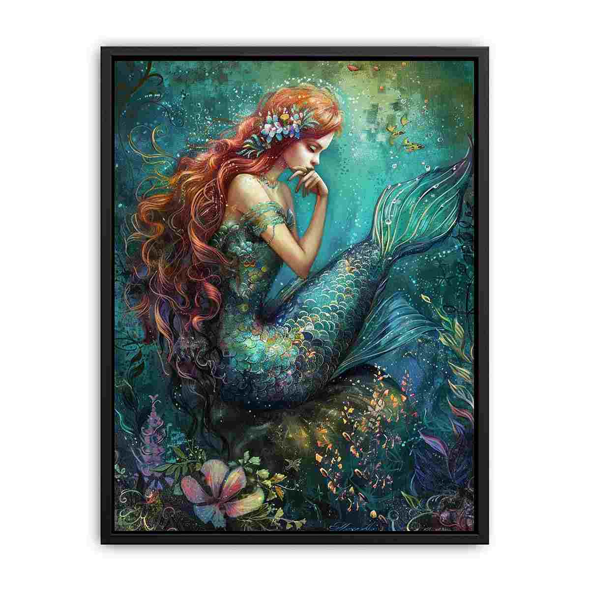 Emerald mermaid underwater canvas art for elegant fantasy bedroom decor.