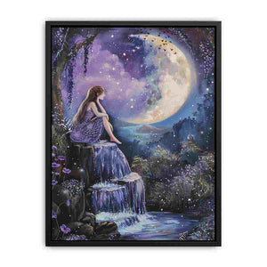 Moonlit waterfall fantasy canvas art for dreamy bedroom or nursery decor.