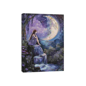 Moonlit waterfall fantasy canvas art for dreamy bedroom or nursery decor.