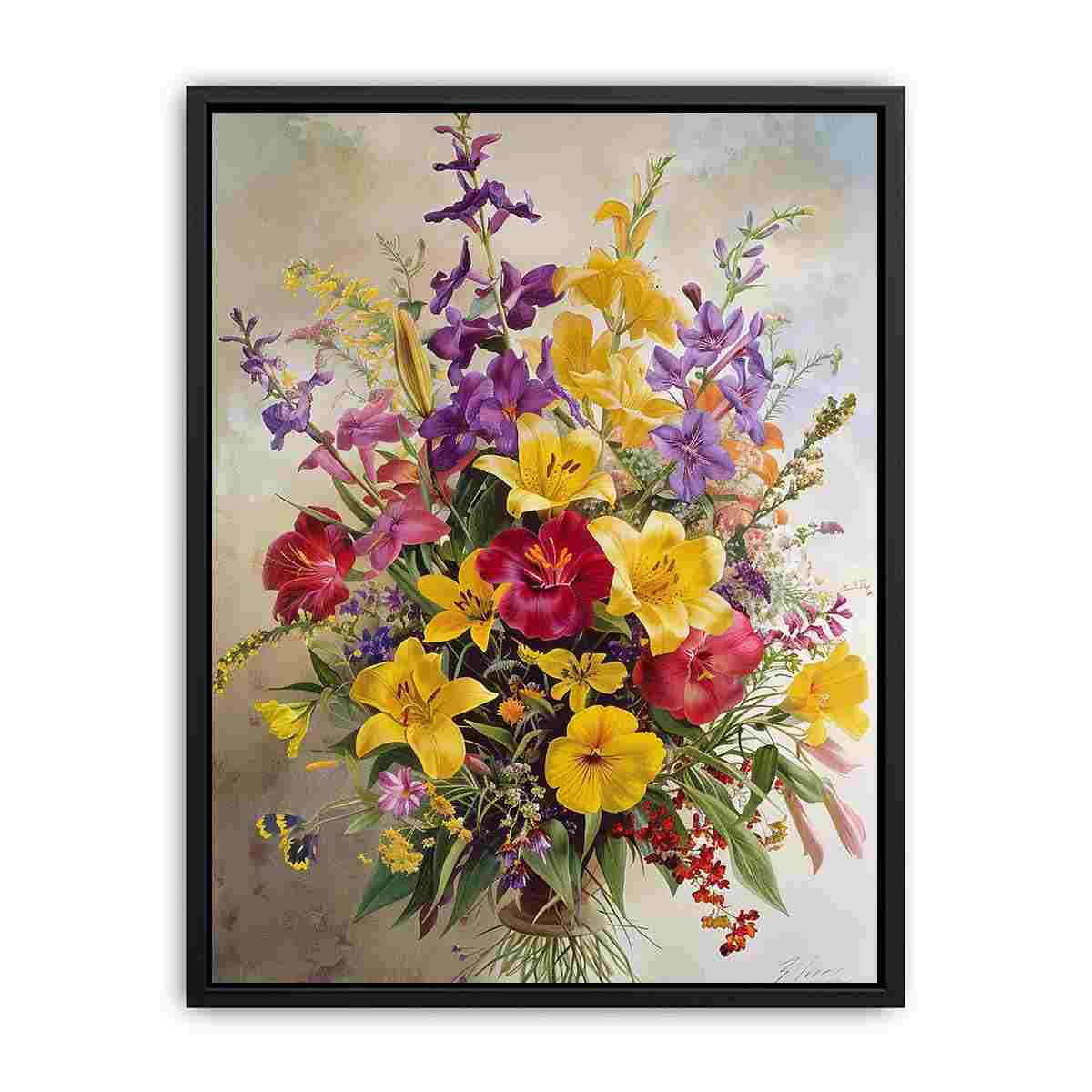 Vintage floral bouquet canvas art with lilies for elegant dining room decor.