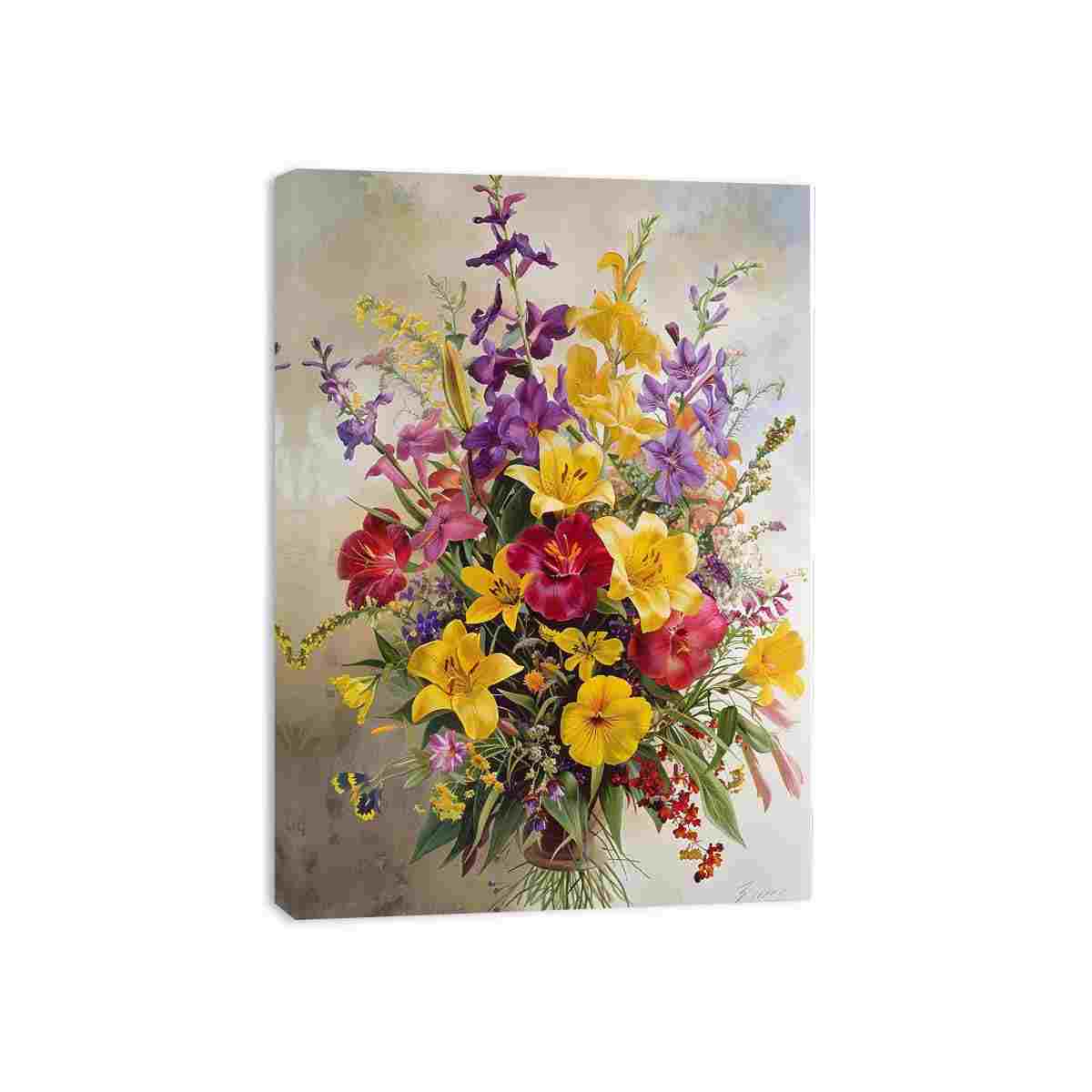 Vintage floral bouquet canvas art with lilies for elegant dining room decor.