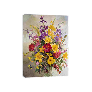 Vintage floral bouquet canvas art with lilies for elegant dining room decor.