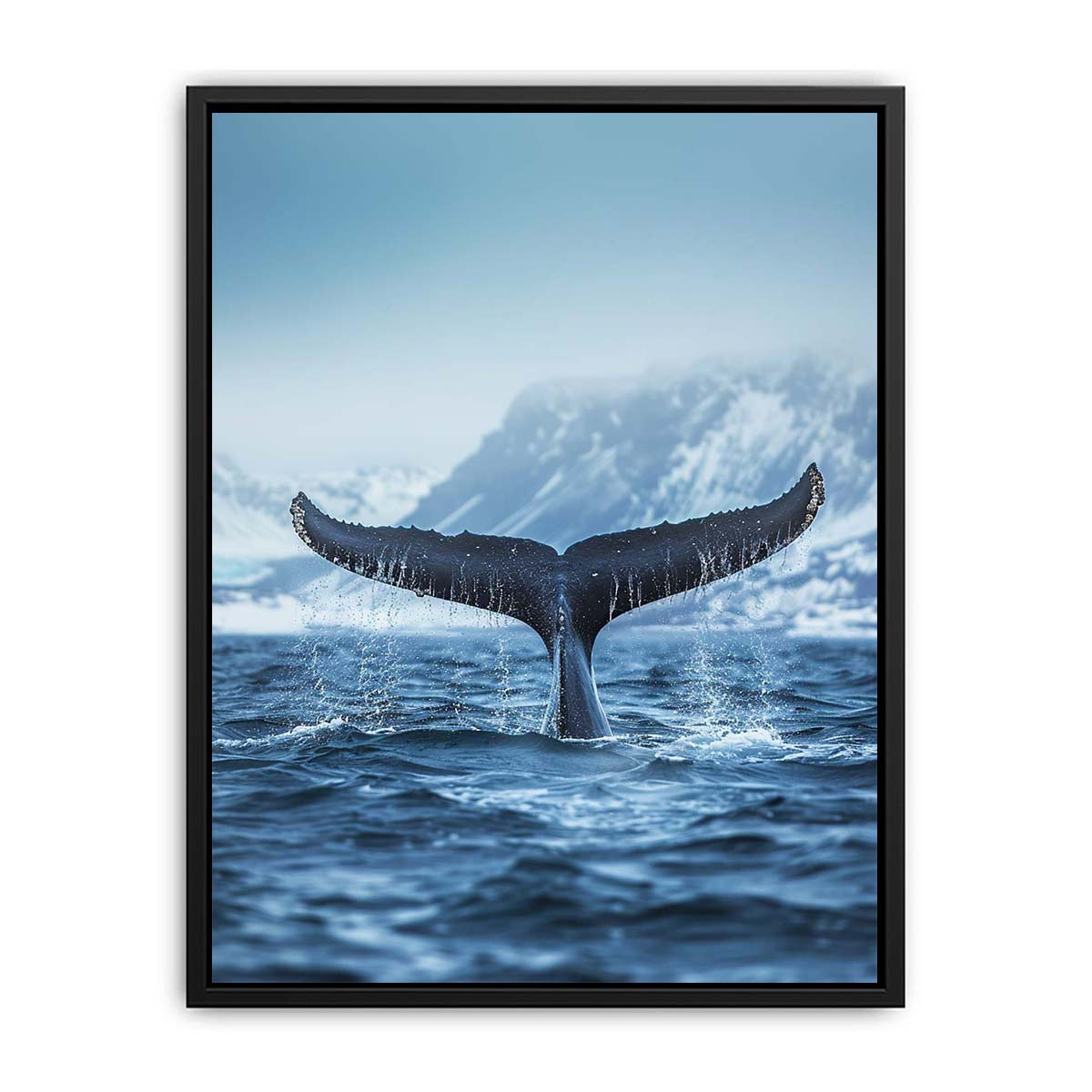 Whale tail ocean canvas art with arctic mountains for serene living room decor.