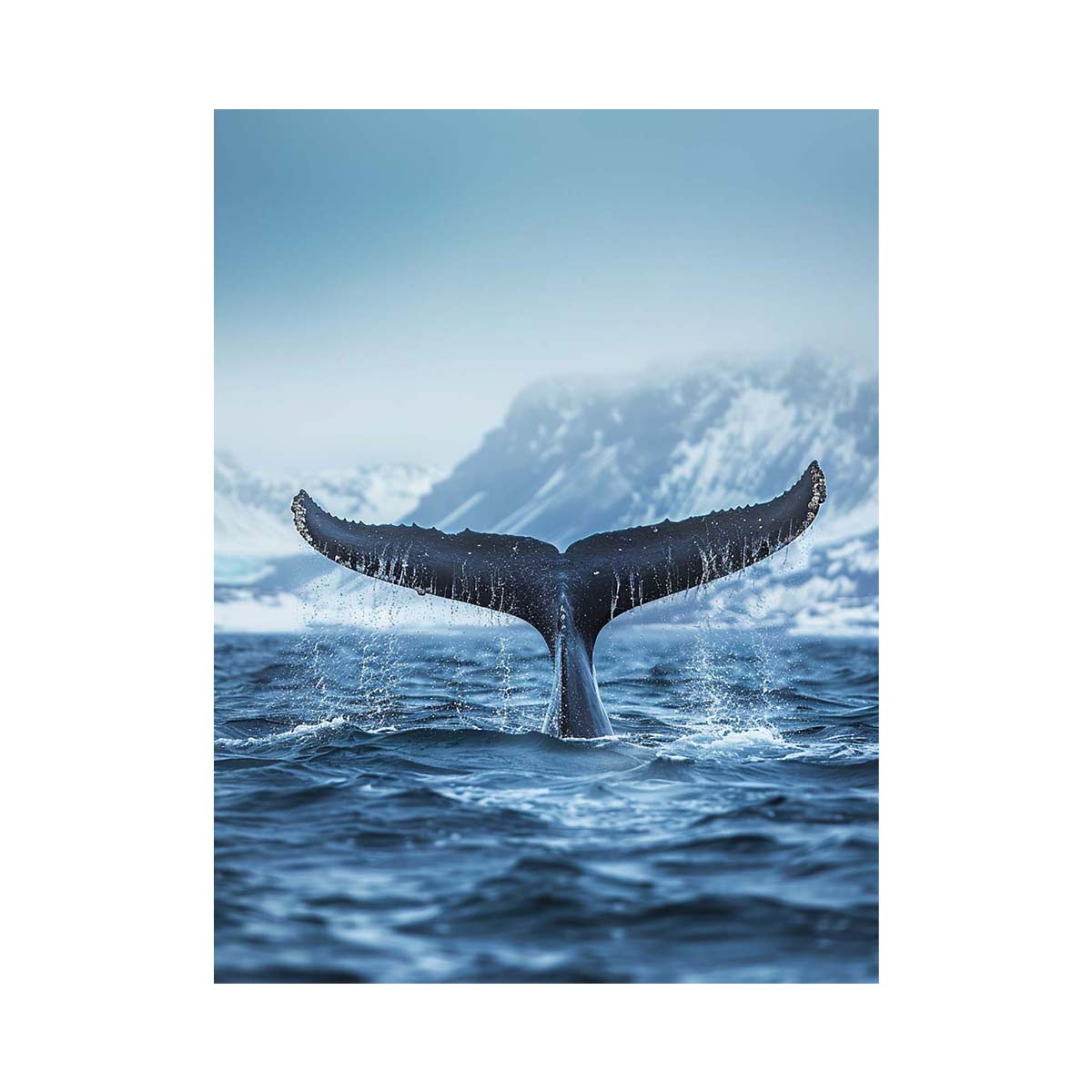 Whale tail ocean canvas art with arctic mountains for serene living room decor.