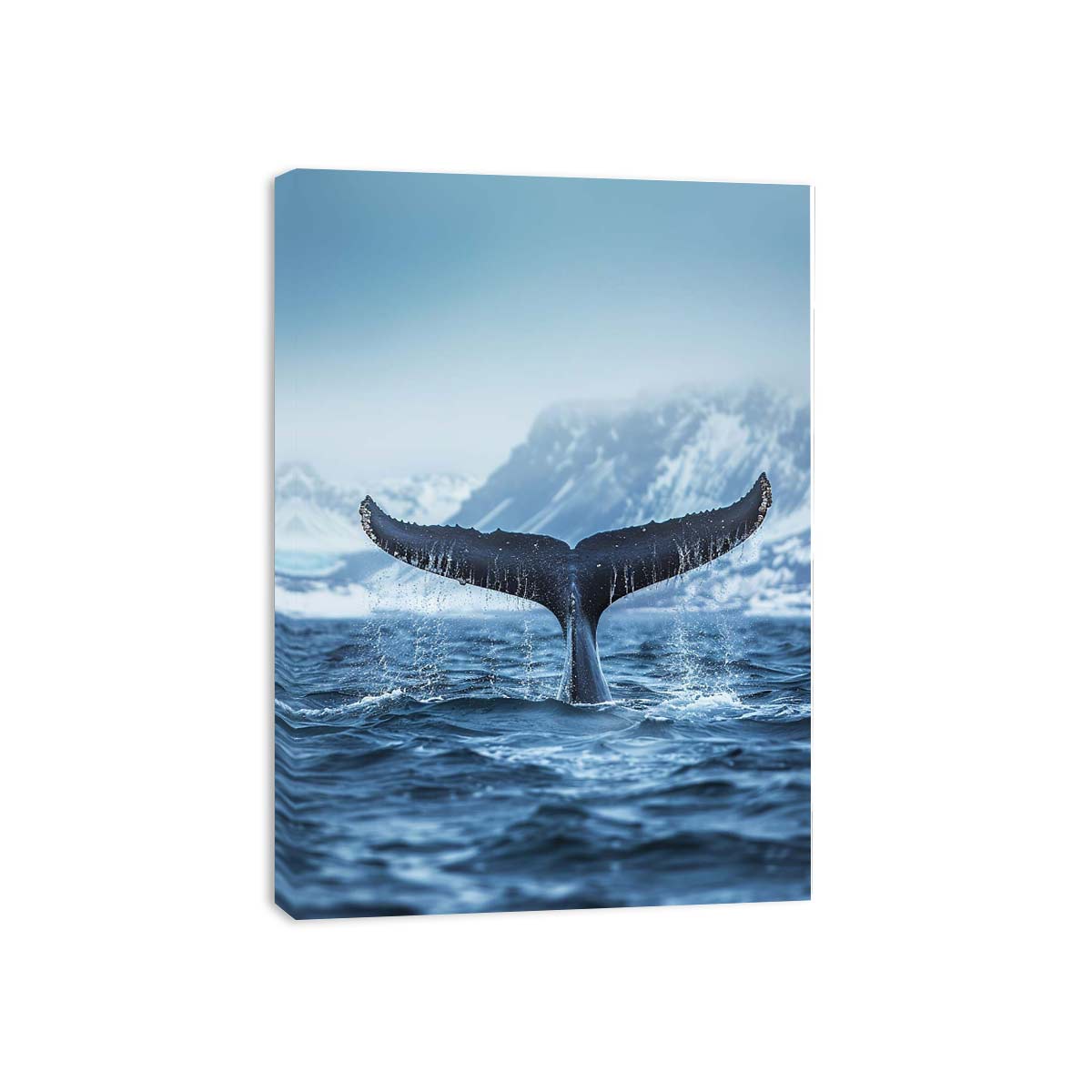 Whale tail ocean canvas art with arctic mountains for serene living room decor.