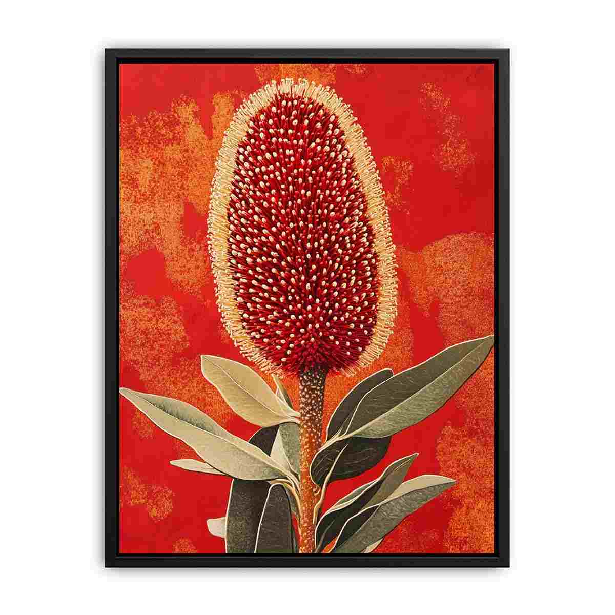 Red banksia botanical canvas art for bold Australian living room decor.