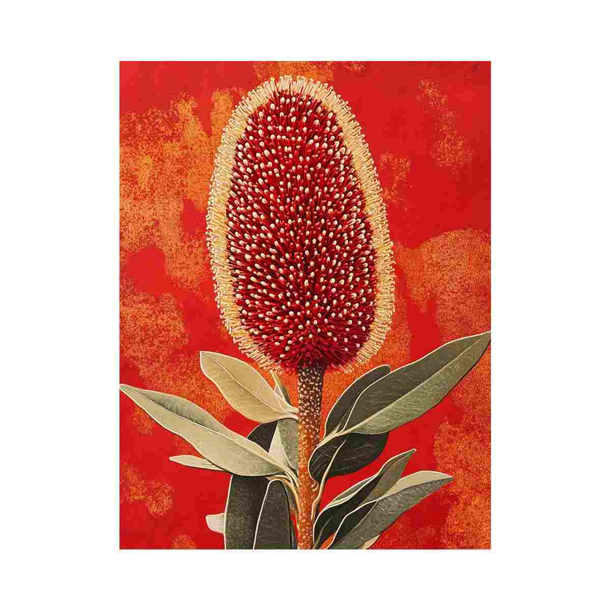 Red banksia botanical canvas art for bold Australian living room decor.