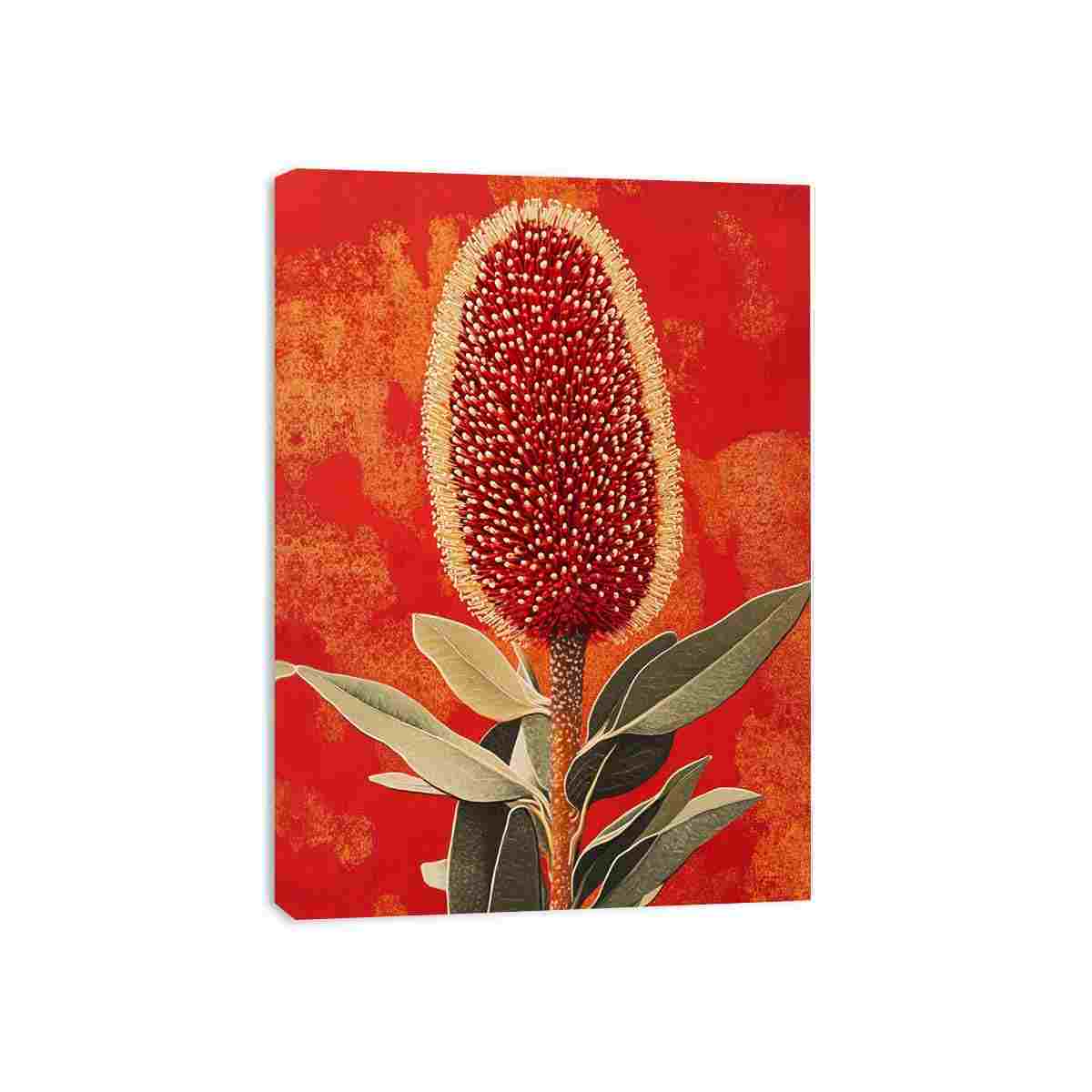 Red banksia botanical canvas art for bold Australian living room decor.