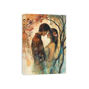 Romantic couple floral illustration canvas art for elegant bedroom decor.