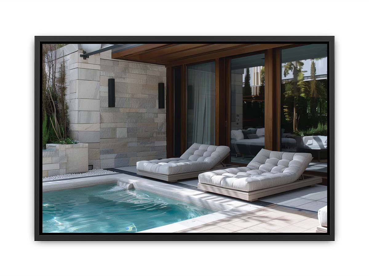 Modern pool terrace canvas print with luxury loungers for contemporary living room decor.