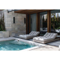 Modern pool terrace canvas print with luxury loungers for contemporary living room decor.