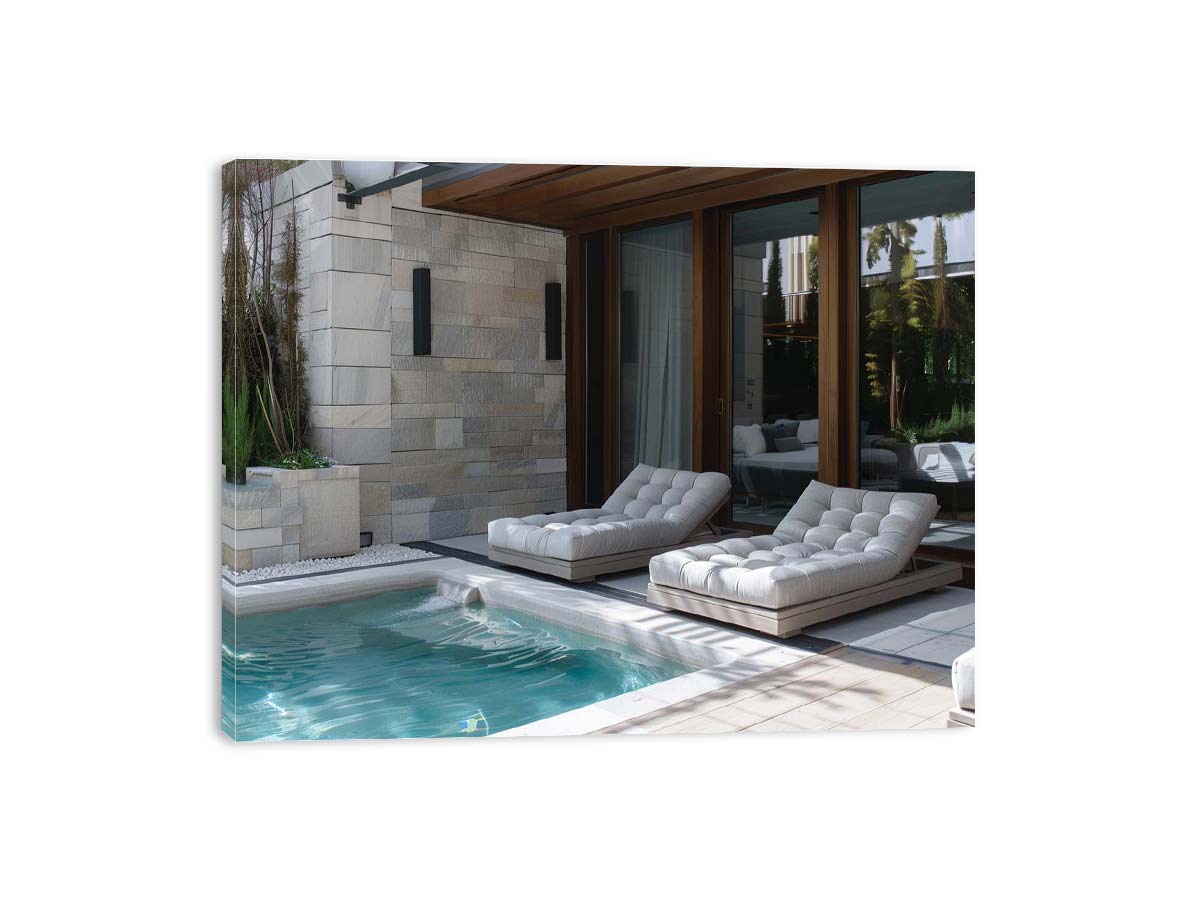 Modern pool terrace canvas print with luxury loungers for contemporary living room decor.