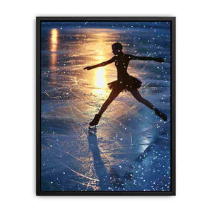 Figure skater silhouette canvas art on glowing ice for dramatic modern bedroom decor.