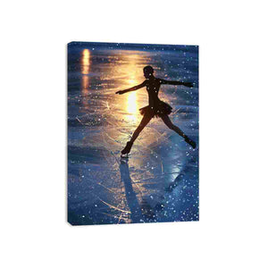 Figure skater silhouette canvas art on glowing ice for dramatic modern bedroom decor.