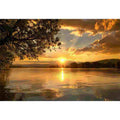 Golden sunset lake landscape canvas art for warm living room decor.