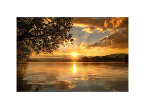 Golden sunset lake landscape canvas art for warm living room decor.