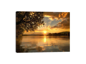 Golden sunset lake landscape canvas art for warm living room decor.