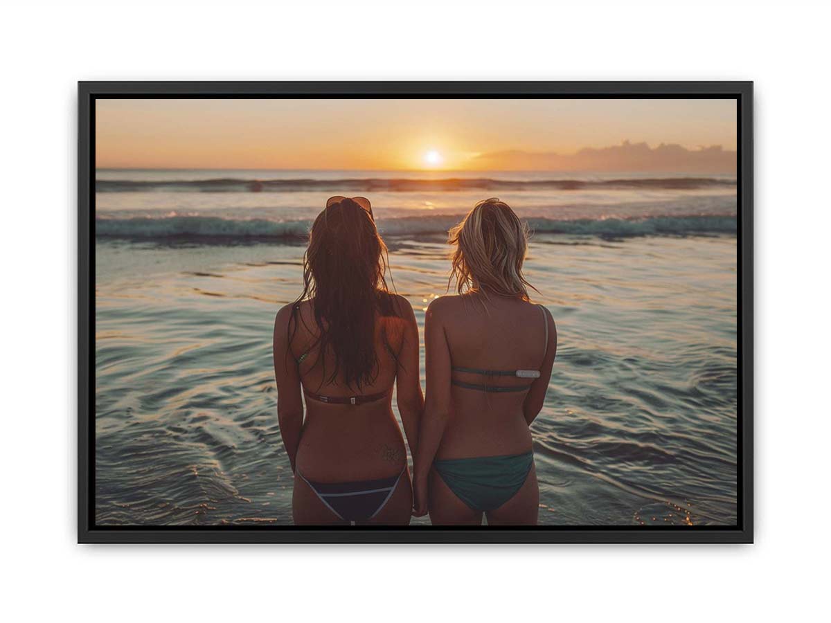 Coastal sunset beach canvas art with two women by the ocean for relaxed bedroom decor.