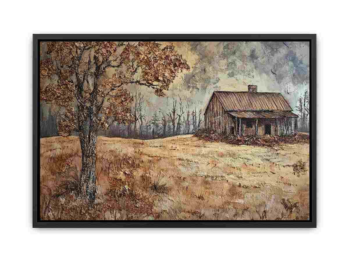 Rustic autumn cabin landscape canvas art for cozy farmhouse living room decor.