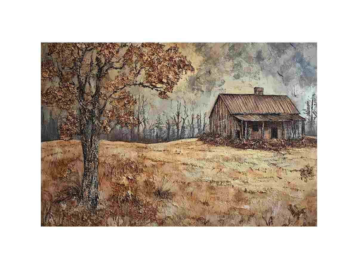 Rustic autumn cabin landscape canvas art for cozy farmhouse living room decor.